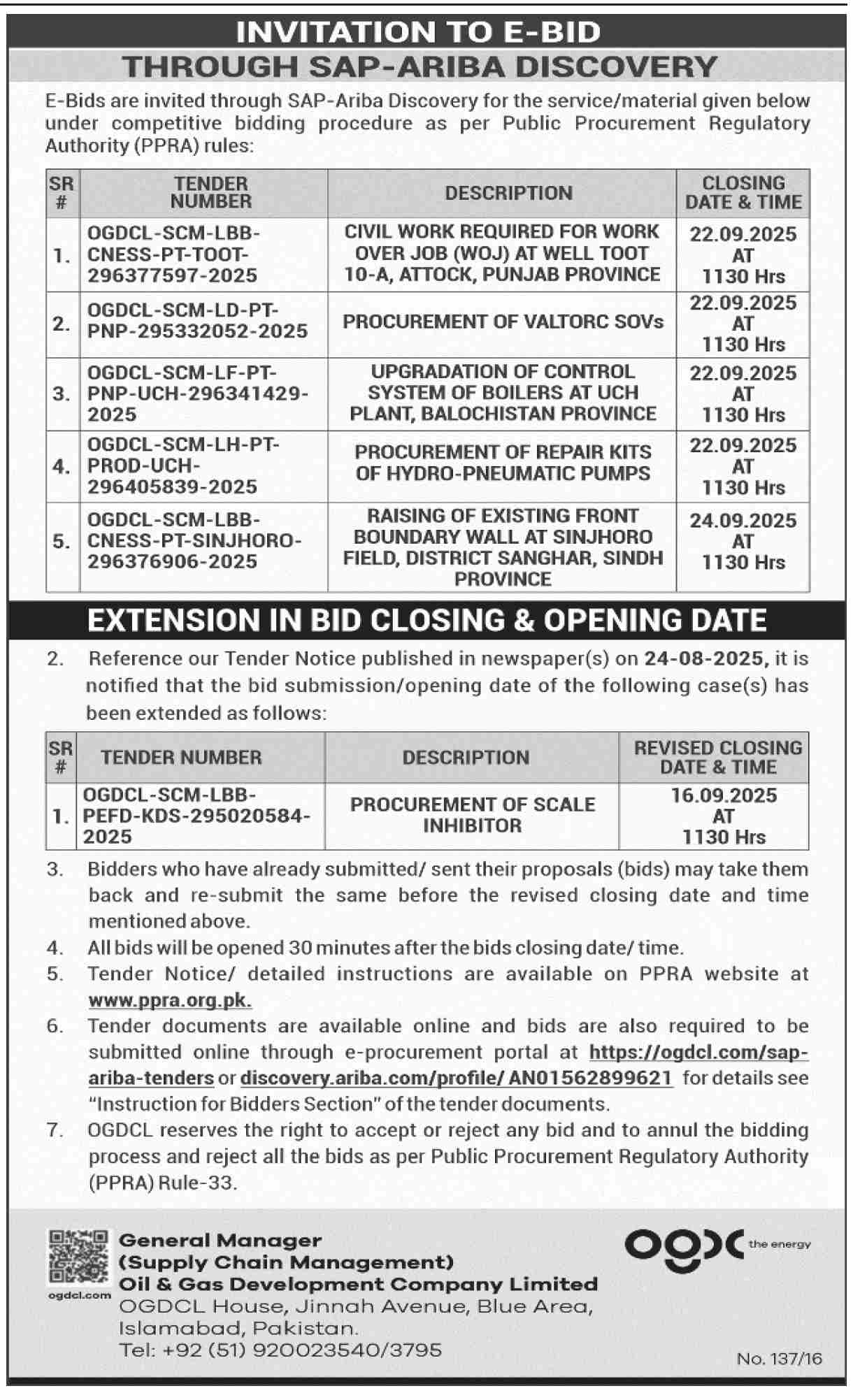 Oil & Gas Development Company Limited Islamabad Tender Notice-2